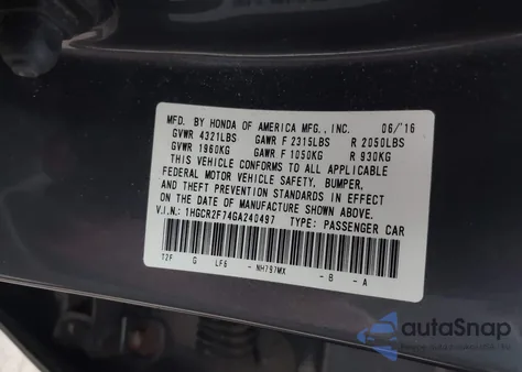 2016 Honda Accord Ex z USA, uszkodzony, nr VIN 1HGCR2F74GA240497